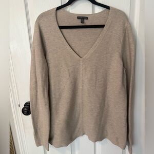 Eileen Fisher Organic Cotton Silk Blend V-Neck Sweater Tan Beige Large